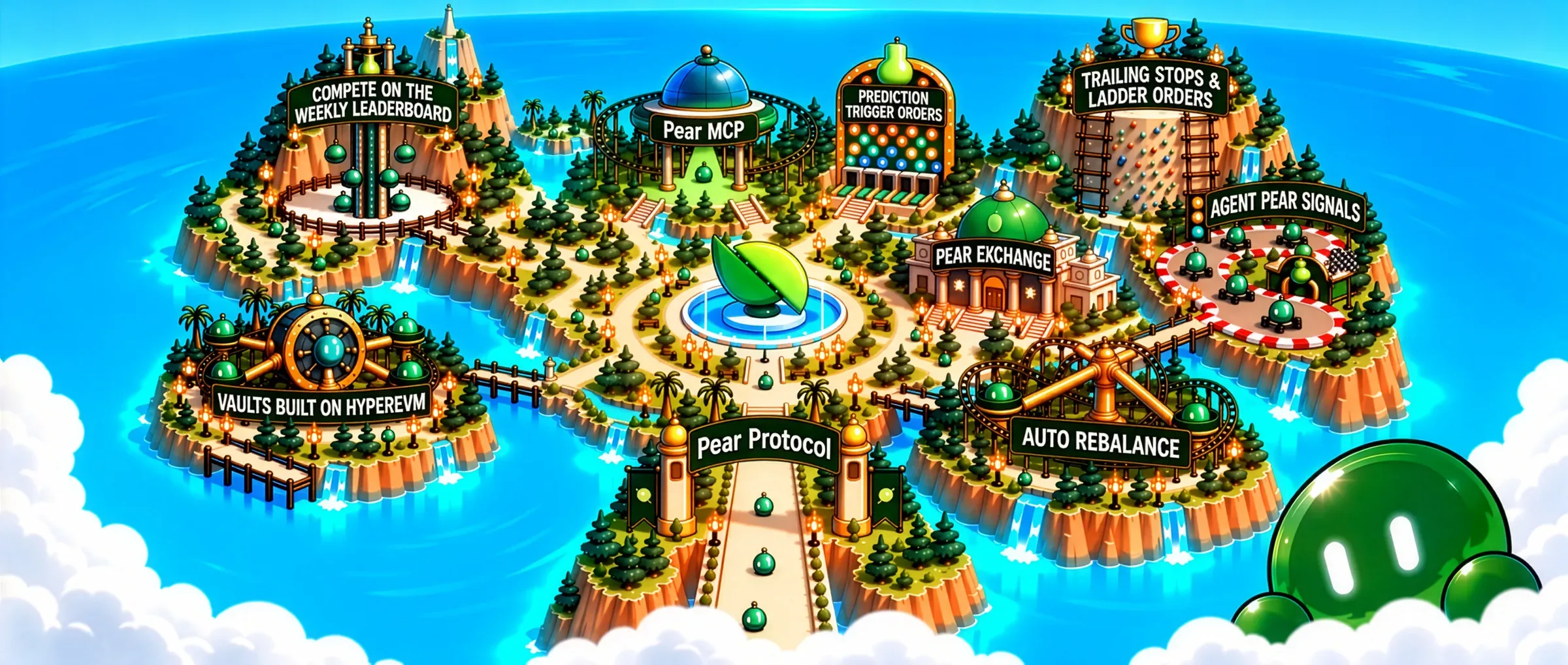 Illustrated cartoon theme-park map of Pear Protocol, showing landmarks for each product feature